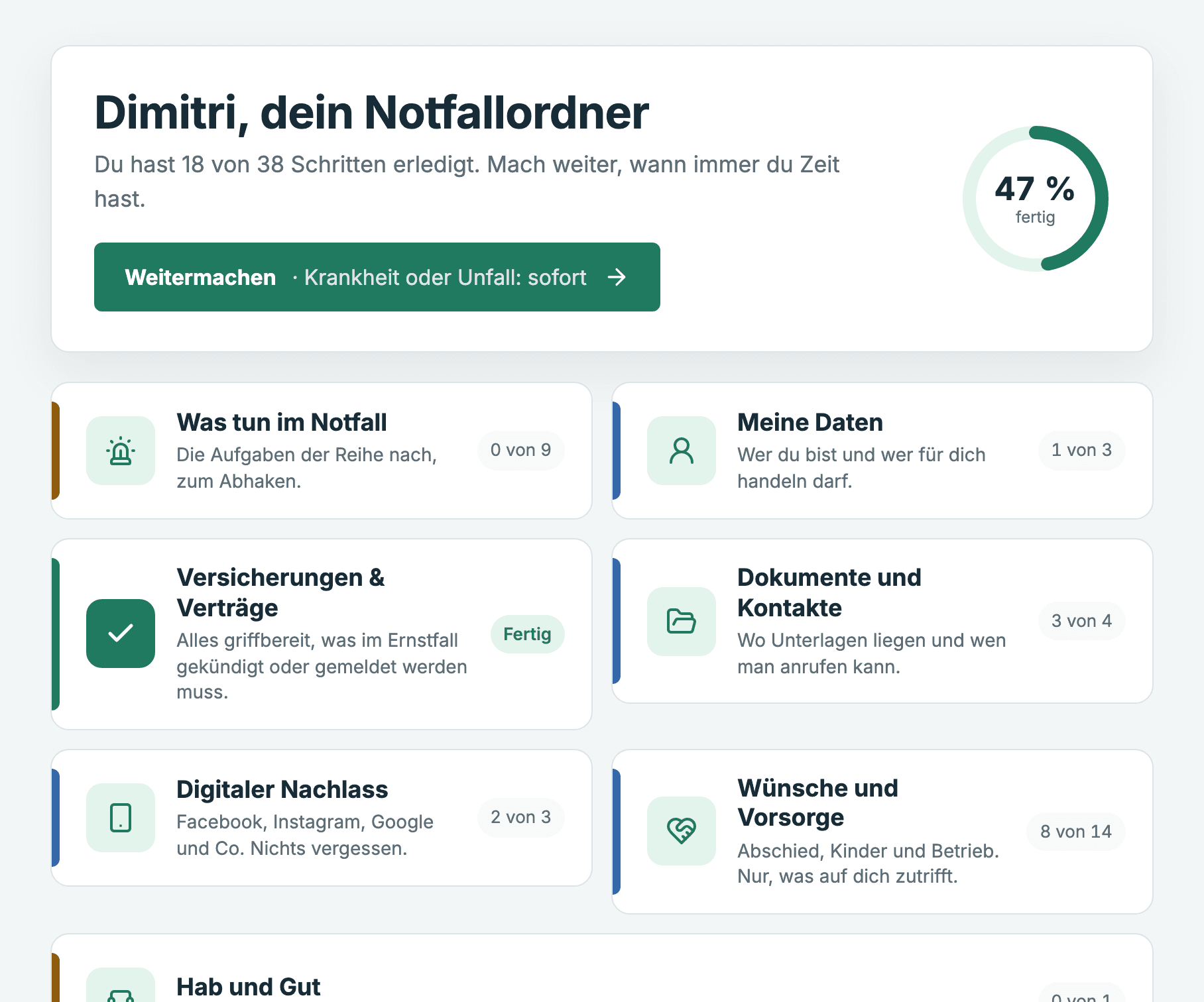 Startseite des Notfallordners mit Fortschrittsring und sieben Kapiteln